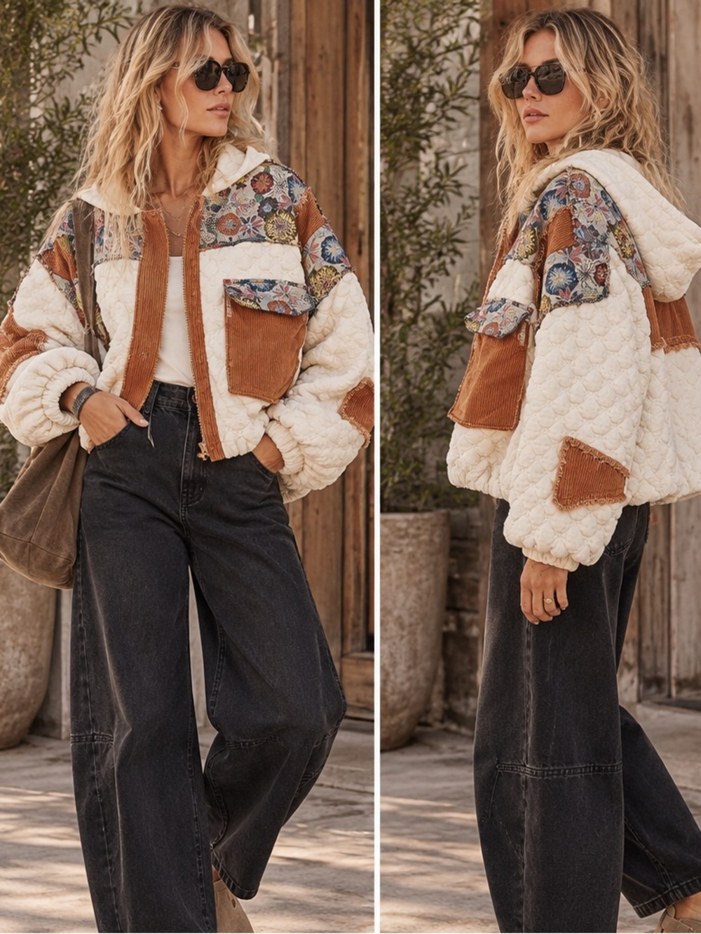 POL “Big Bear” Quilted Floral Tapestry Hoodie Jacket